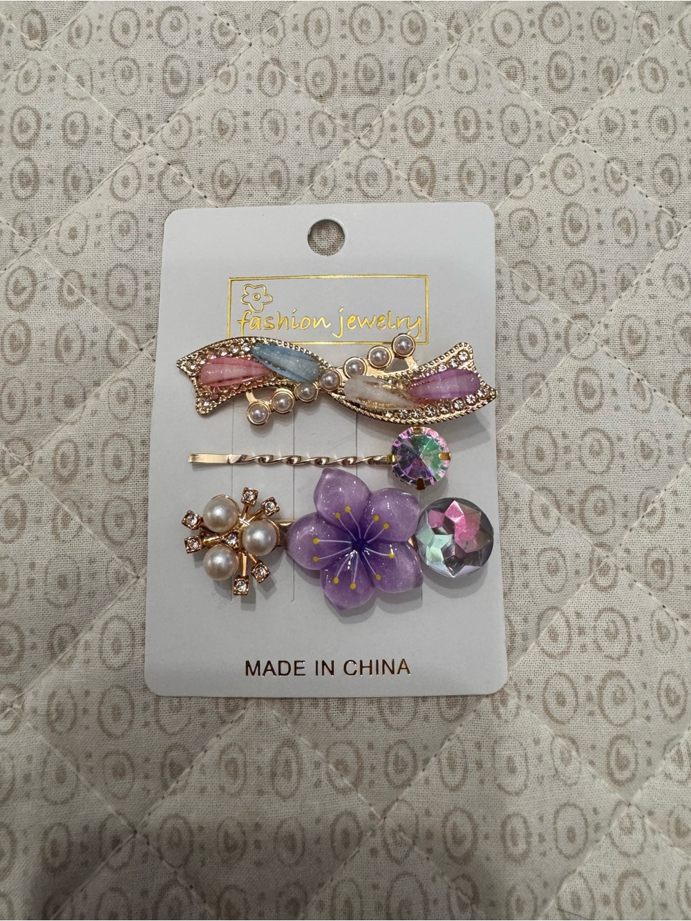 Fashion Jewelry Pastel Clip Set with Purple Flower and Iridescent Gems set of 3